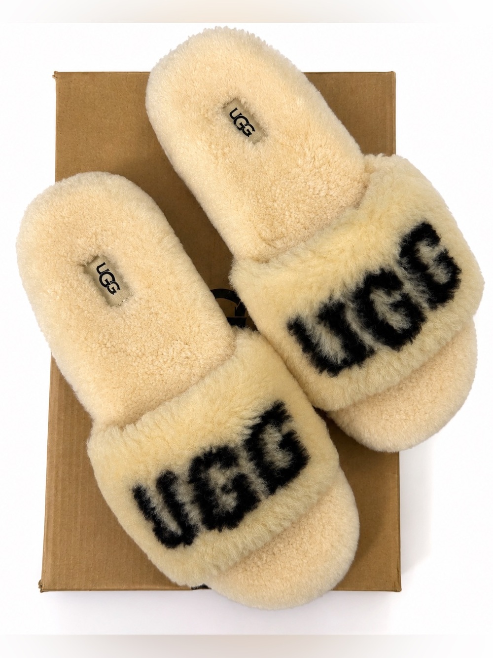 UGG Cozetta Curly Graphic Logo Slide Slippers Natural Women’s Size 8 NWB
